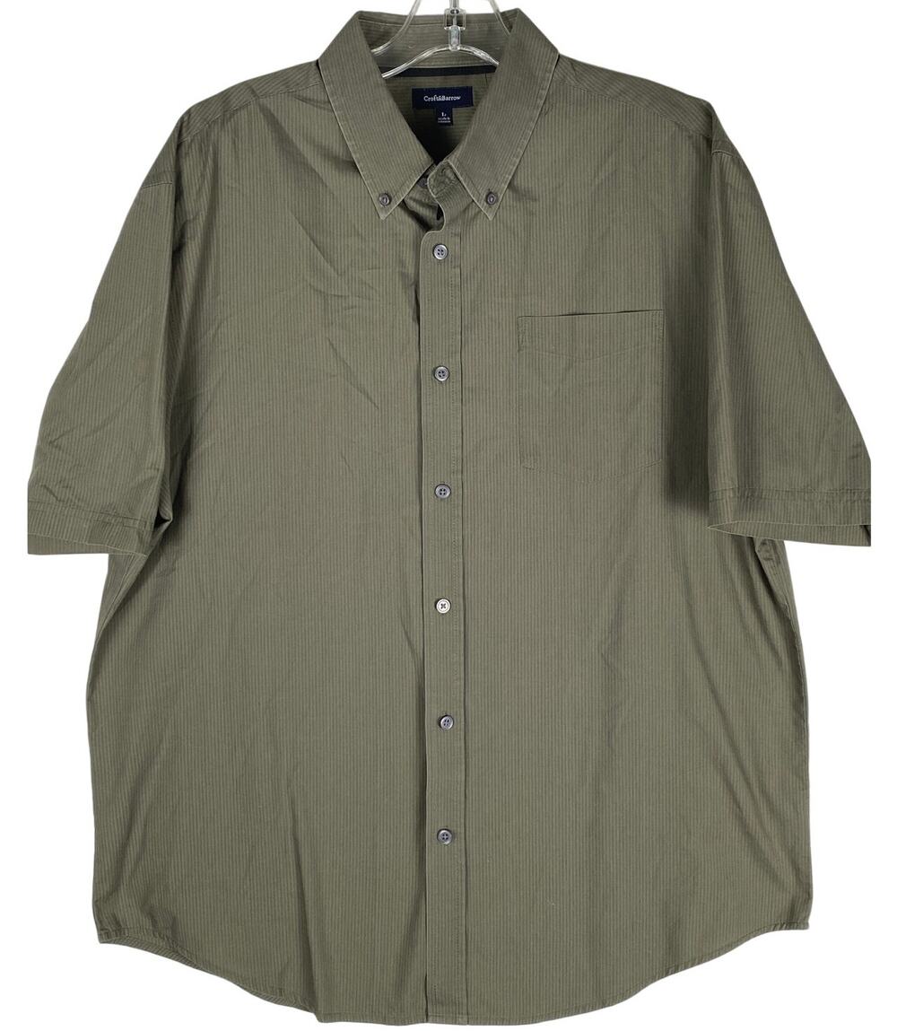 Croft & Barrow Short Sleeve Button Down Shirt Mens L Olive Green Striped Classic
